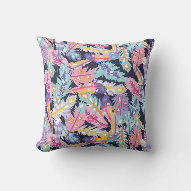 Beautiful Pattern of Colorful Boho Feathers Throw Pillow (Front)
