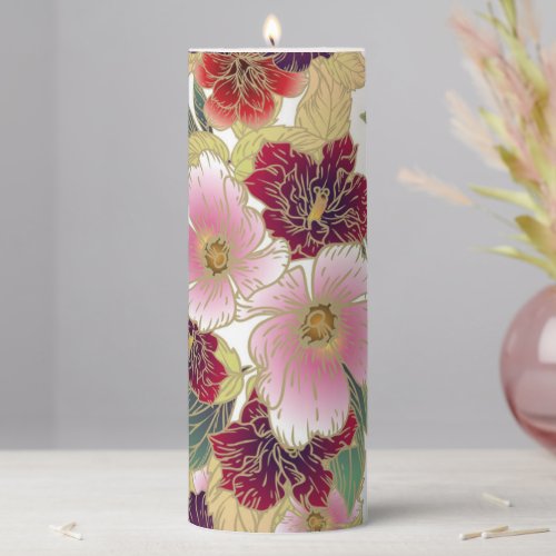 Beautiful Pattern with Floral Element Green Pink Pillar Candle
