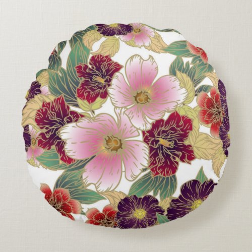 Beautiful Pattern with Floral Element Green Pink Round Pillow
