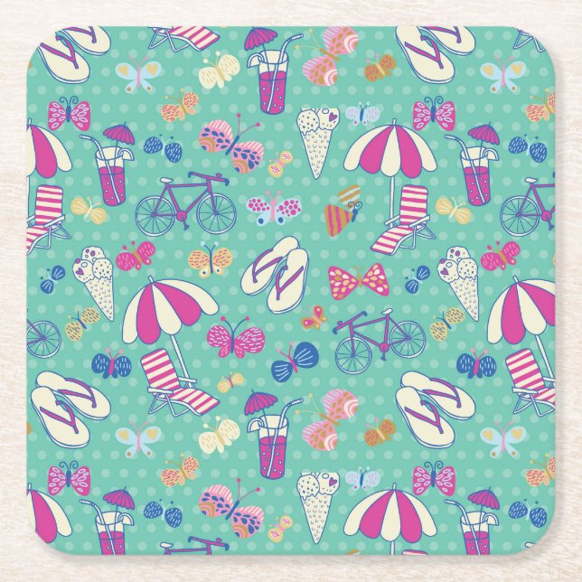 Beautiful Pattern With Summer Elements Square Paper Coaster (Front)