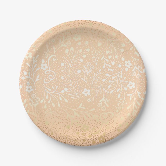 Beautiful Peach and Gold Floral Elegant Wedding Paper Plates (Front)