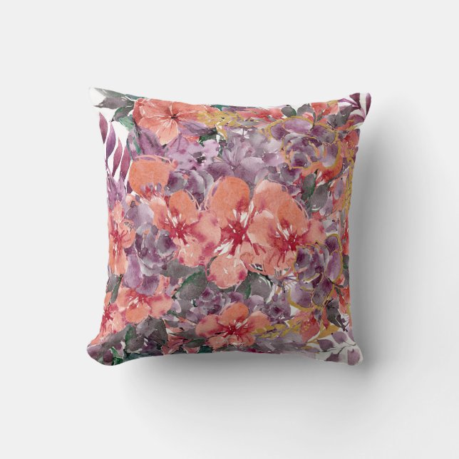 Beautiful Peach and Purple Floral Throw Pillow (Front)