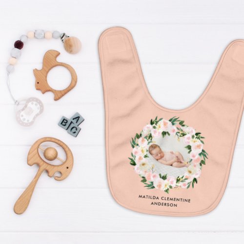 Beautiful peach floral girly photo baby welcome baby bib