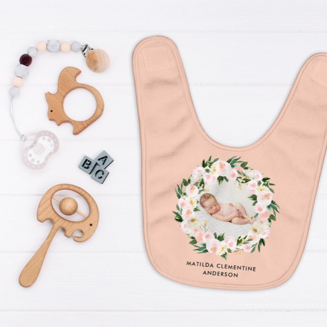 Beautiful peach floral girly photo baby welcome bib (Creator Uploaded)