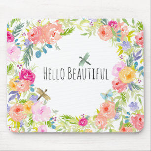 Beautiful Peach Pink Gold Yellow Watercolor Floral Mouse Pad