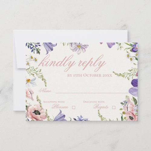 Beautiful Peach Purple Blue Pretty Floral Wedding RSVP Card