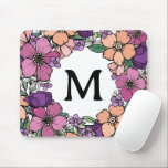 Beautiful Peach Purple Pink Floral Monogram Mouse Pad<br><div class="desc">Colorful floral mouse pad with flowers in purple,  pink,  and peach surrounding your initial in a black font. Eye catching vibrant mouse pad with lots of flowers. Pretty mouse pad for her in a trendy color palette of peach,  purple,  and pink with pretty flowers and greenery.</div>