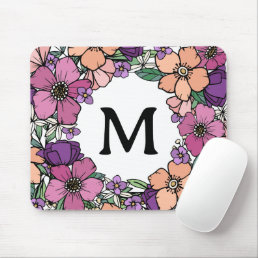 Beautiful Peach Purple Pink Floral Monogram Mouse Pad