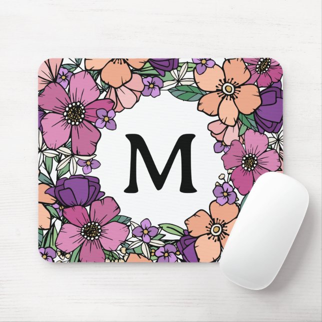Beautiful Peach Purple Pink Floral Monogram Mouse Pad (With Mouse)