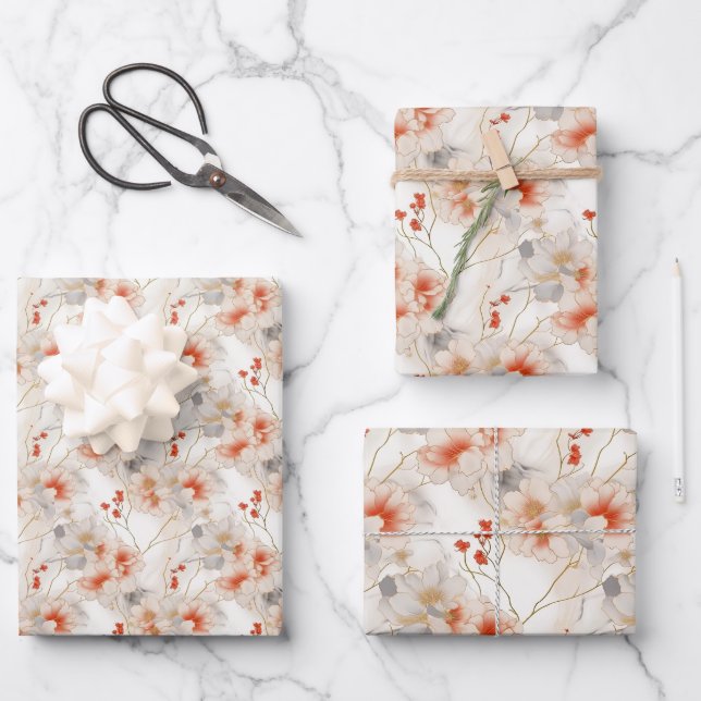 Beautiful Peach Red White Floral Wrapping Paper Sheets (Front)