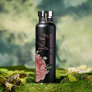 Beautiful Peach Rose Floral Maid of Honor Wedding Water Bottle
