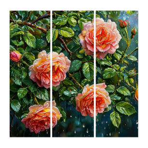 Beautiful Peach Roses on a Rainy Day Triptych