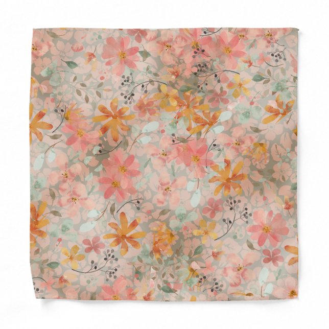 Beautiful Peach Summer Floral Pocket Handkerchief Bandana (Front)