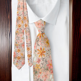 Beautiful Peach Summer Floral Watercolor Neck Tie
