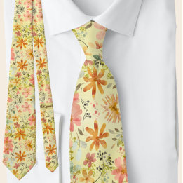 Beautiful Peach Yellow Summer Floral Watercolor Neck Tie