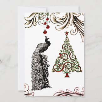 Beautiful Peacock and Christmas Tree Flat Holiday Card