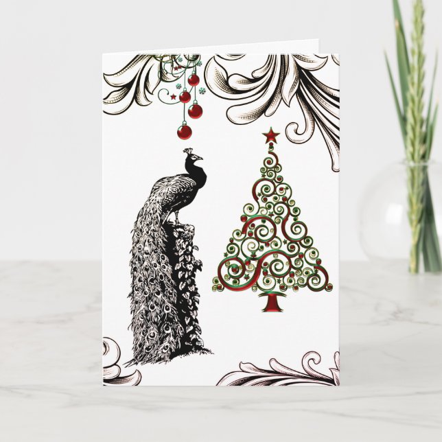Beautiful Peacock and Christmas Tree Holiday Card (Front)