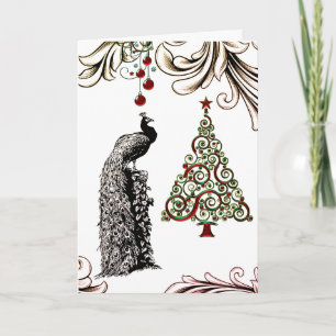 Beautiful Peacock and Christmas Tree Holiday Card
