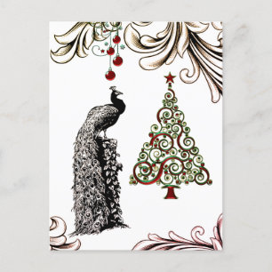 Beautiful Peacock and Christmas Tree Thank You Holiday Postcard