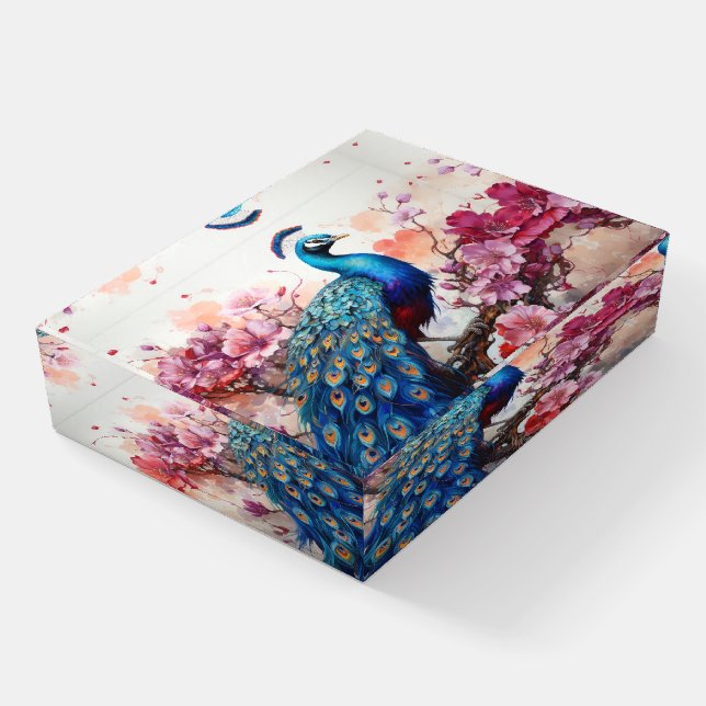 Beautiful Peacock and Flowers Paperweight (Angled)