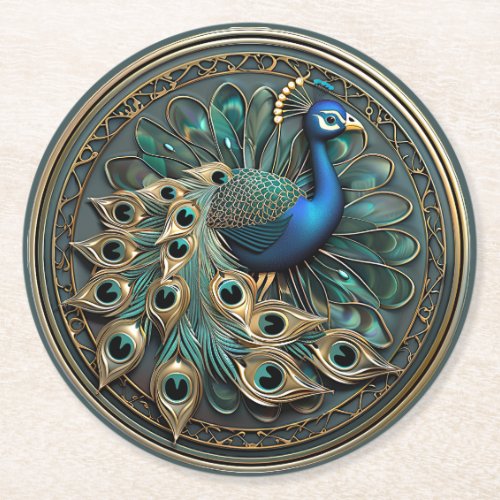 Beautiful Peacock Blue Gold Turquoise Art Deco   Round Paper Coaster