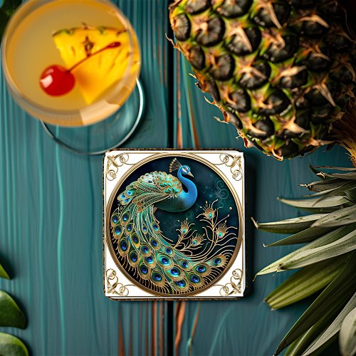 Beautiful Peacock Blue Gold Turquoise Art Deco   Square Paper Coaster