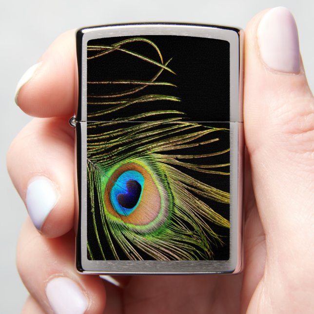 Beautiful Peacock Feather Black Zippo Lighter (In Hand)