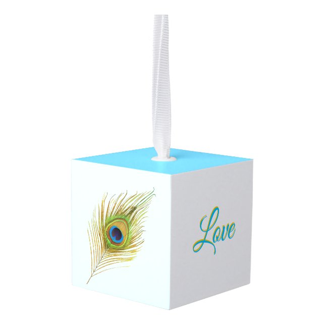 Beautiful Peacock Feathers Cube Ornament (Back Angled)