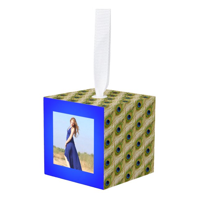 Beautiful Peacock Feathers & Customizable Pics Cube Ornament (Front Angled)