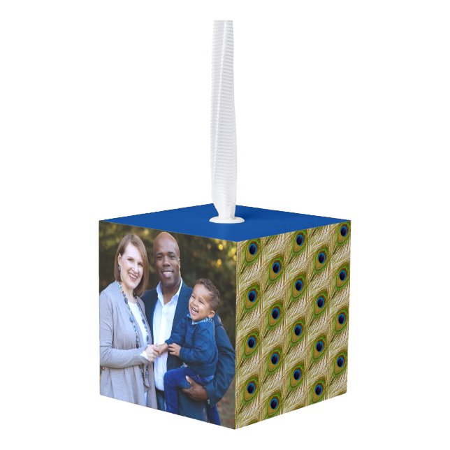 Beautiful Peacock Feathers & Customizable Pics Cube Ornament (Back Angled)