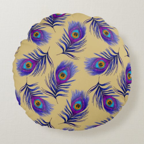 Beautiful Peacock Feathers Hand_Drawn Round Pillow
