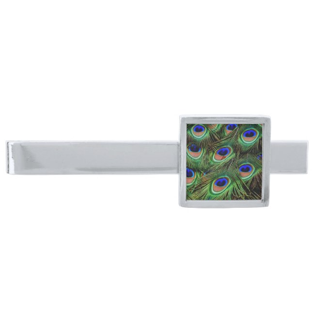 Beautiful Peacock Feathers  Silver Finish Tie Bar (Front)