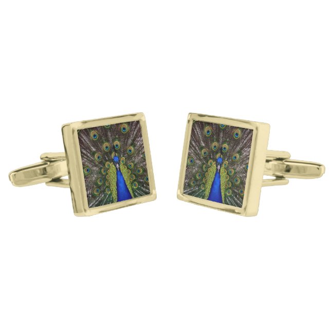 Beautiful Peacock Gold Cufflinks (Angled)