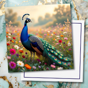 Beautiful Peacock in Field of Flowers Card