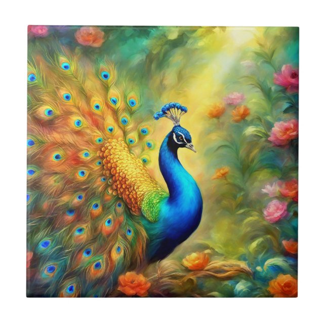 Beautiful Peacock in Garden Bird 98 Ceramic Tile (Front)