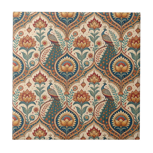 Beautiful Peacock & Indian Floral Pattern Artwork Ceramic Tile (Front)