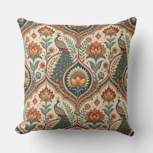 Beautiful Peacock & Indian Floral Pattern Artwork Throw Pillow