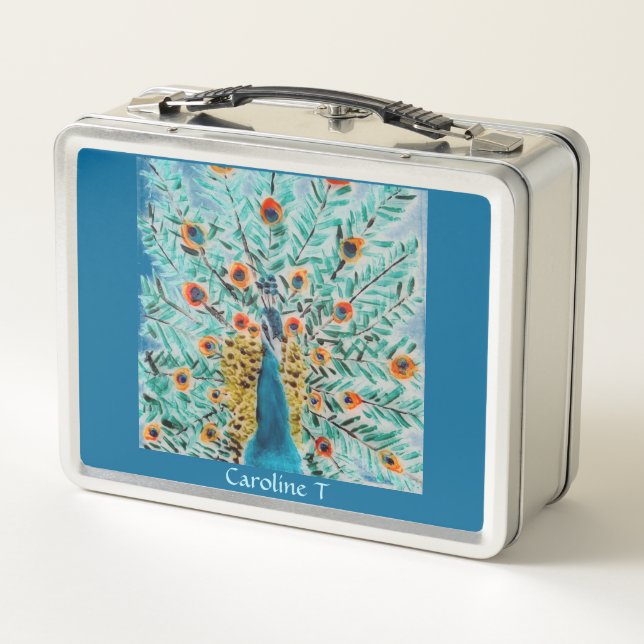 Beautiful Peacock Nature Art Personalized Metal Lunch Box (Back)