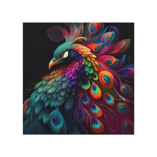 Beautiful peacock on black background artwork wood wall art