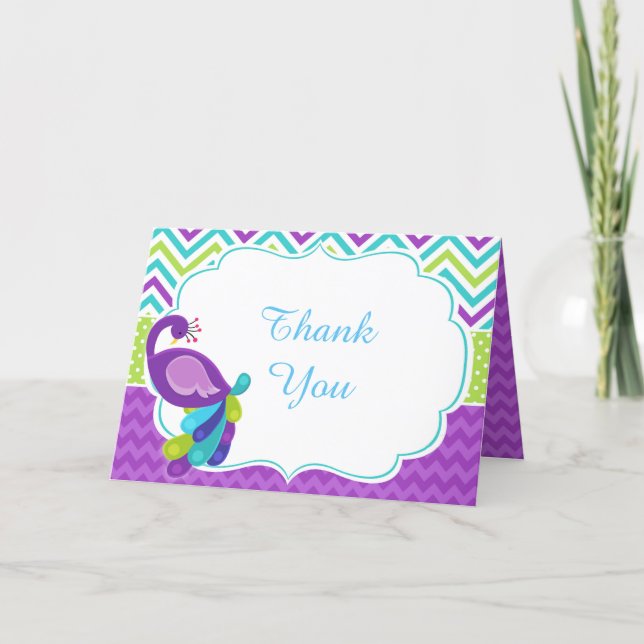 Beautiful Peacock Purple Chevron Bridal Shower Thank You Card (Front)