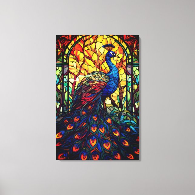 Beautiful Peacock Stained Glass Wildlife Art Canvas Print (Front)