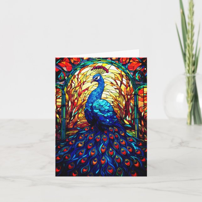 Beautiful Peacock Stained Glass Wildlife Art Card (Front)