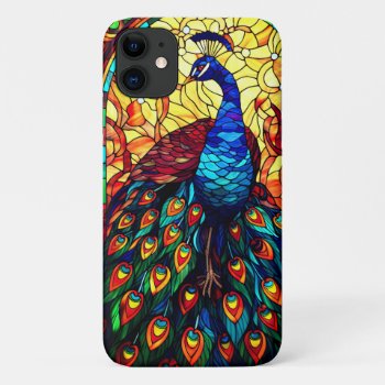 Beautiful Peacock Stained Glass Wildlife Art Iphone 11 Case by azlaird at Zazzle