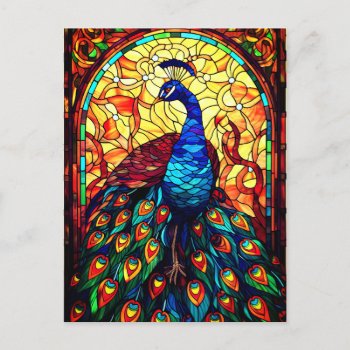 Beautiful Peacock Stained Glass Wildlife Art Postcard by azlaird at Zazzle