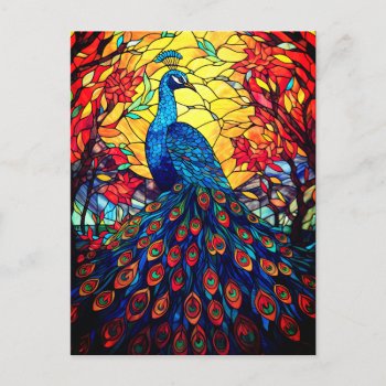 Beautiful Peacock Stained Glass Wildlife Art Postcard by azlaird at Zazzle