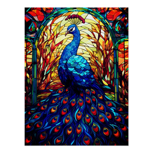 Beautiful Peacock Stained Glass Wildlife Art Poster (Front)