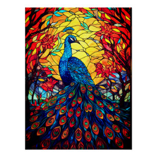 Beautiful Peacock Stained Glass Wildlife Art Poster