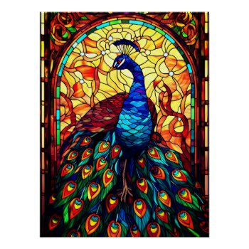 Beautiful Peacock Stained Glass Wildlife Art Poster by azlaird at Zazzle