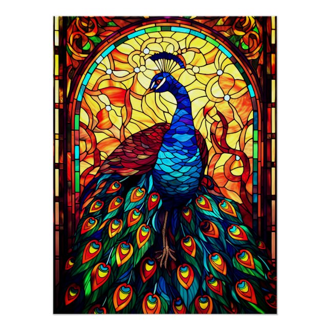 Beautiful Peacock Stained Glass Wildlife Art Poster (Front)