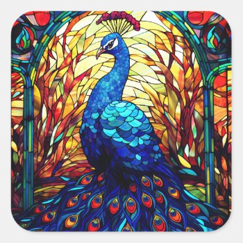 Beautiful Peacock Stained Glass Wildlife Art Square Sticker by azlaird at Zazzle
